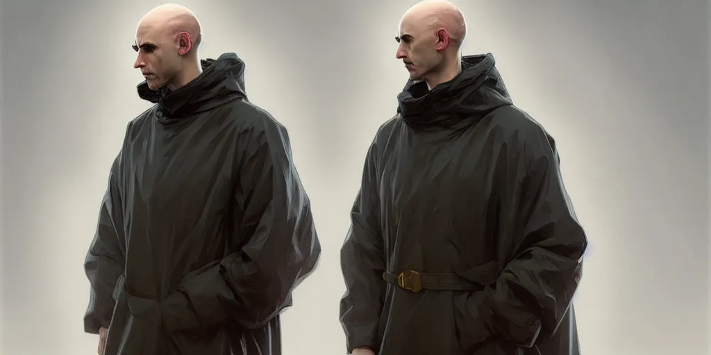 Image similar to european ( ( ( ( young bald man ) ) ) ) dressed in raincoat, full body male, clear face, masculine, upper body, highly detailed, digital painting, artstation, concept art, matte, sharp focus, illustration, art by artgerm and greg rutkowski and alphonse mucha