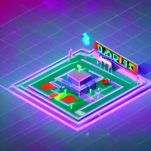 Prompt: isometric world on dark background, neon lights, video game, octane render, pixar style, unreal engine, dynamic light