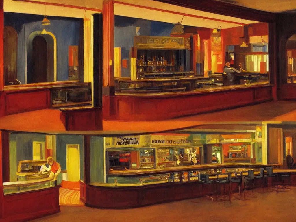 Prompt: interior view of an empty bar in the 70s with a jukebox at night, ultra view angle view, realistic detailed painting by edward hopper