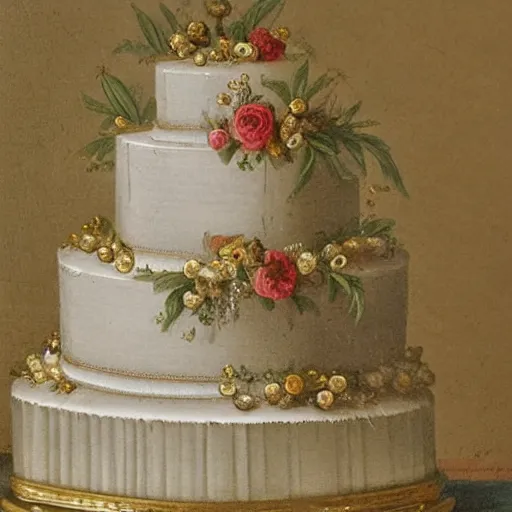 Image similar to 1700s painting of a wedding cake, high detail, believable,