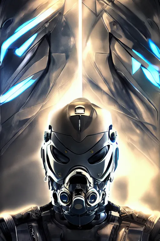 Image similar to cyber cyborg ninja mask helmet metal gear solid artic suit swat commando, global illumination ray tracing hdr fanart arstation by sung choi and eric pfeiffer and gabriel garza and casper konefal, a spectacular view cinematic rays of sunlight comic book illustration, by john kirby