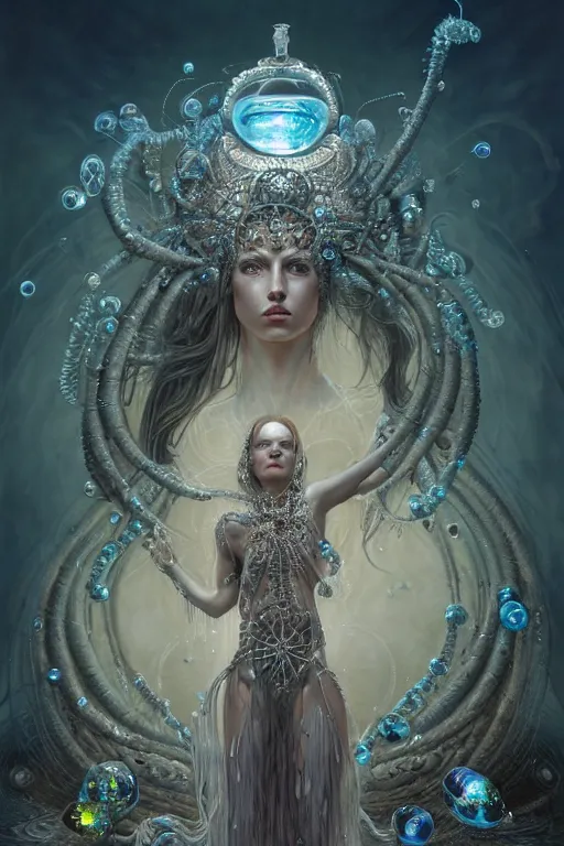 Image similar to a centered render of an alluring post apocalyptic goddess with wearing ornate silver and gemstones and crystal clothing surrounded by flowing liquid gallium jellyfish and sacred geometry, perfect body and face, gorgeous, cinematic, beautifully lit, by tomasz alen kopera and peter mohrbacher and craig mullins, rich colour, 3 d, trending on artstation, octane render, 8 k