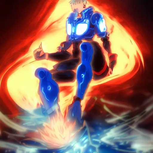 Prompt: portrait of the genos blue flame arms mode, anime fantasy illustration by tomoyuki yamasaki, kyoto studio, madhouse, ufotable, comixwave films, trending on artstation