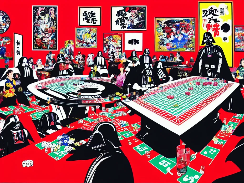 Image similar to hyper - realistic composition of a large room with an extremely detailed poker table in the center, woman in traditional japanese kimono standing nearby, darth vader sitting at the table, fireworks in the background, pop art style, jackie tsai style, andy warhol style, acrylic on canvas, dull palette