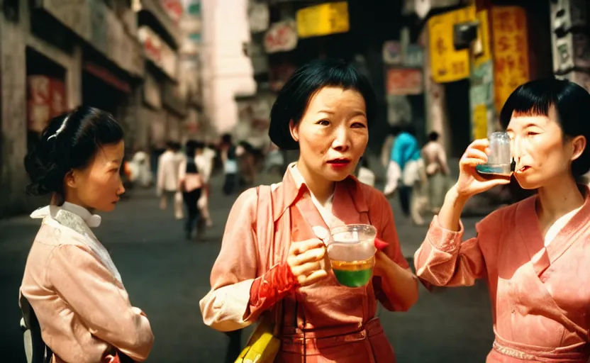 Image similar to cinestill 5 0 d candid photographic portrait by helen levitt of two android women sharing a drink in futuristic china, extreme closeup, modern cyberpunk, dust storm, 8 k, hd, high resolution, 3 5 mm, f / 3 2, ultra realistic faces, intricate detail, ex machina