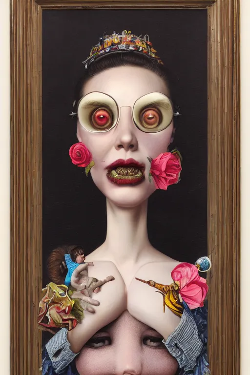 Image similar to a woman wearing a n oculus through her head to catch a trash Mark Ryden and Alex Gross, Todd Schorr highly detailed