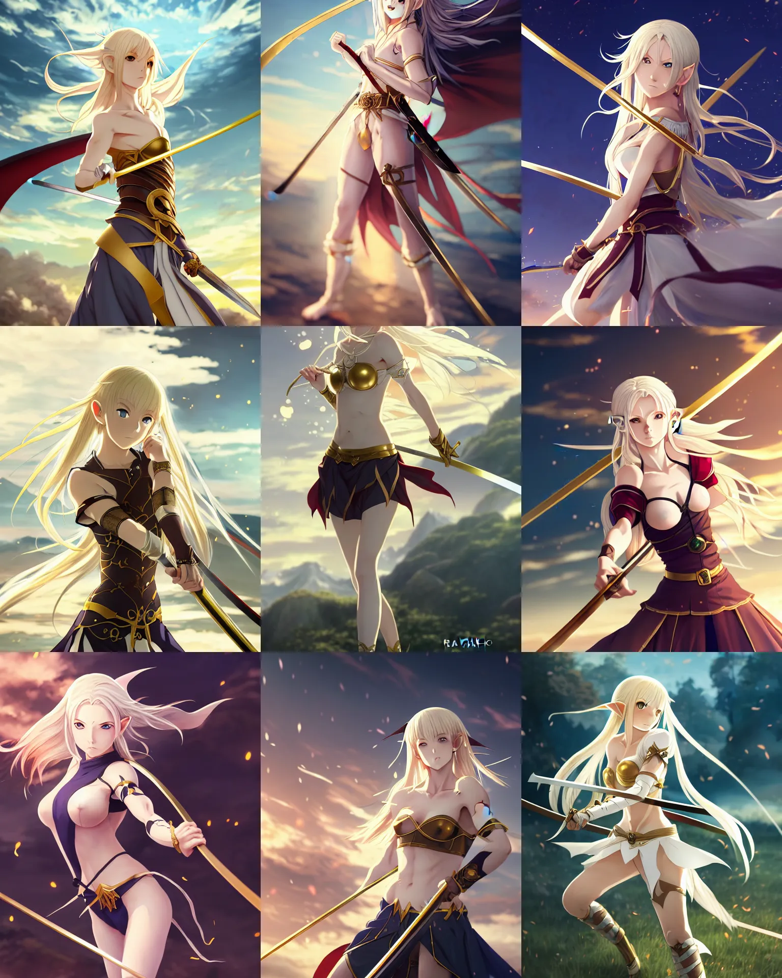 Prompt: renaissance anime brave elf girl with white skin, strong pose, stunning face, katana in hand, golden hair blowing the wind, strong pose, trending art, dynamic photography, centered, fate zero, extremely high detailed, bokeh color background, studio ghibly makoto shinkai yuji yamaguchi, by wlop