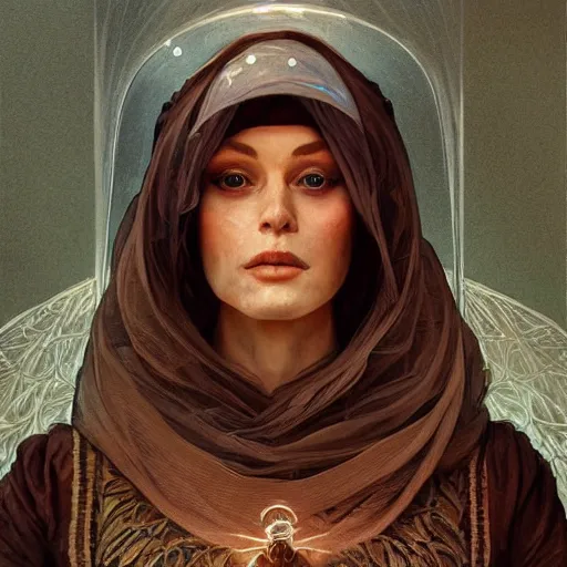 Prompt: portrait, female bene gesserit, bee keeper, veiled face, d & d, fantasy, intricate, elegant, highly detailed, digital painting, artstation, concept art, matte, sharp focus, illustration, art by artgerm and greg rutkowski and alphonse mucha