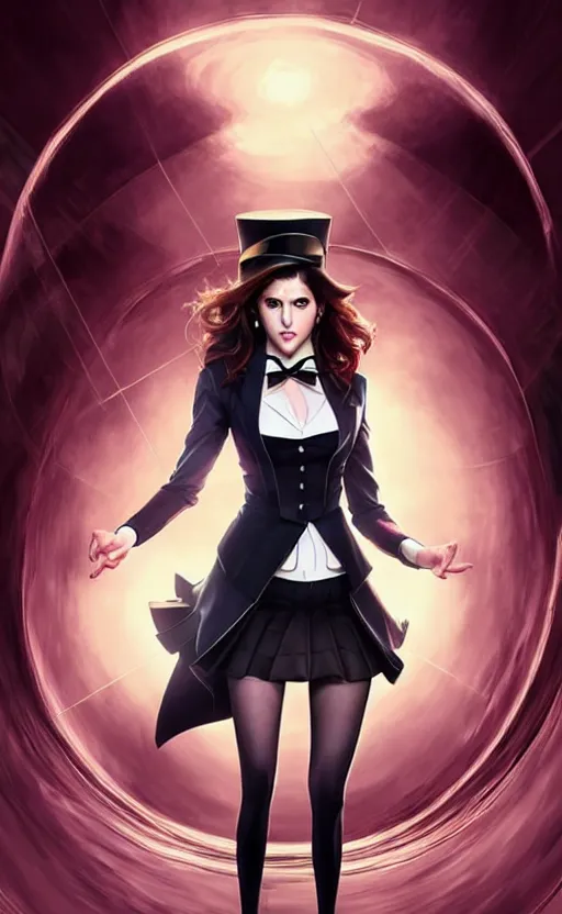 Prompt: ultra realistic, beautiful Anna Kendrick Zatanna DC Comics waist up floating, on stage, symmetrical face symmetrical eyes, modern anime, fantasy, eerie, intricate details, atmospheric, elegant, super highly detailed, professional digital painting, artstation, concept art, 8k, art by artgerm and eiichiro oda and koyoharu gotouge