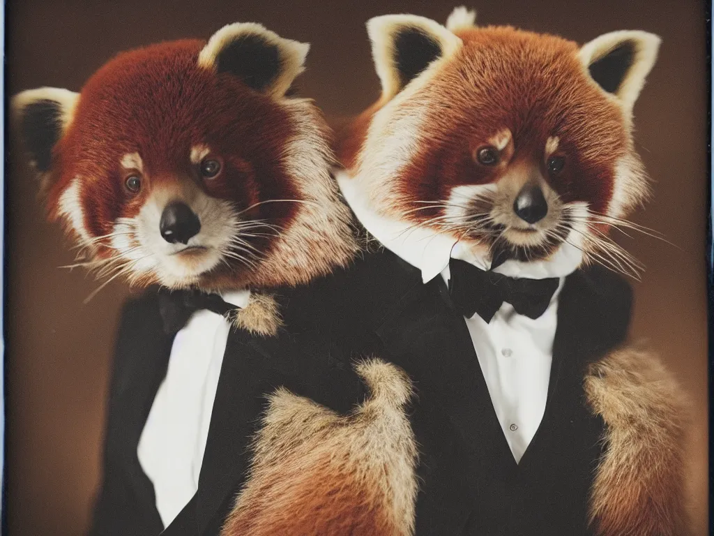 Prompt: Portrait of a Red Panda Wearing a Fancy Business Tuxedo, Expired Burned Polaroid from 1930s, Softbox Lighting, 85mm Lens F/1.8