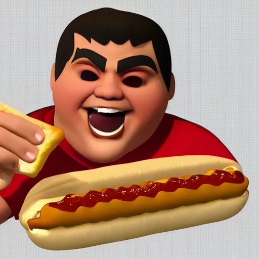 Image similar to pudge from dota 2 eating hot dog. photorealistic. highres. 3 d.