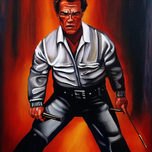 Image similar to A painting Arnold Schwarzenegger from terminator 1984 riding a skateboard smoking cigar, gloomy, action, ambient lighting,