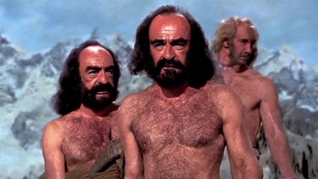 Image similar to still from the movie zardoz 2, starring sean connery, 1 9 7 5, cinematic lighting, ultra realistic, panavision, wide screen, saturated color, seventies cinema, vintage science fiction cinema