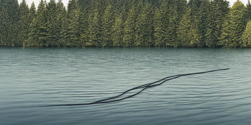 Image similar to centered photograph of a infintely long rope zig zagging across the surface of the water into the distance, floating submerged rope stretching out towards the center of the lake, a dark lake on a cloudy day, color film, trees in the background, hyper - detailed photo, anamorphic lens