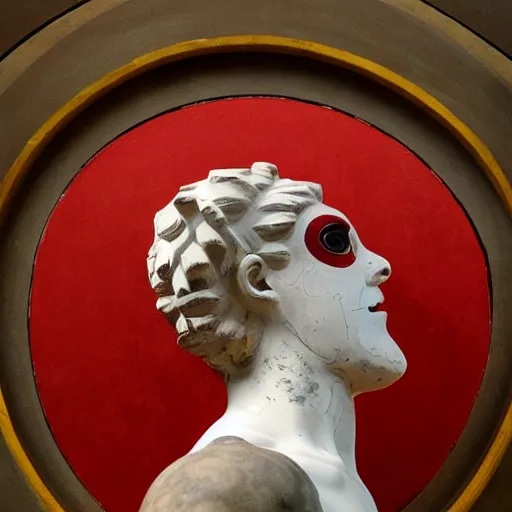 Prompt: a man in the form of a greek statue, wearing mask in the form of an eyeball, red and white color scheme