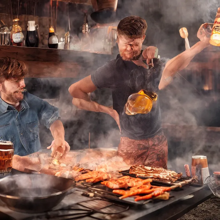 Image similar to Alabama boy cooking barbeque and drinking beer , cinematic lighting, photorealistic image, 8k, ultra detailed, high resolution,