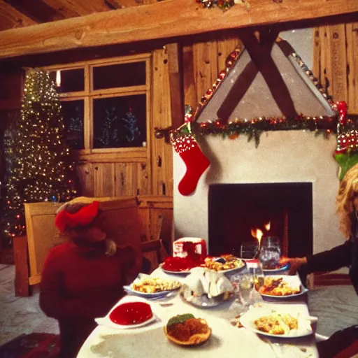 Image similar to Christmas 1985, drunk at christmas lunch, mountain chalet, fireplace, cozy