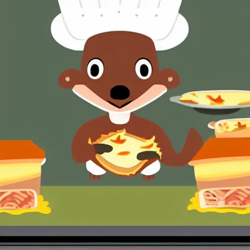 Prompt: cute platypus on a kitchen wearing a chef hat and holding a lasagna into an oven, minimalistic logo style