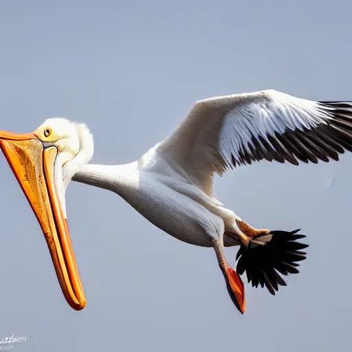 Image similar to awardwinning nature photography portrait of a white pelican in full flight as seen from below. extremely high detailed beak