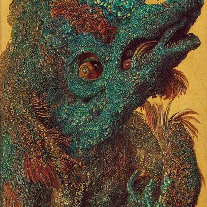 Image similar to close up portrait of an mutant monster creature with proud, reptilian allure, iridescent scales, dovish feathers, diaphanous fungic protuberances. jan van eyck, audubon