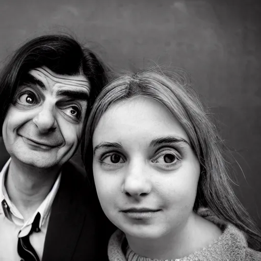 Image similar to A portrait mr bean elizabeth teams up with a teenage mr bean, perfect faces, 50 mm, award winning photography