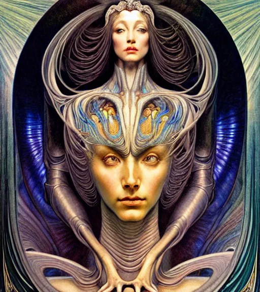 Image similar to detailed realistic beautiful young cher alien robot as queen of andromeda galaxy portrait by jean delville, gustave dore and marco mazzoni, art nouveau, symbolist, visionary, baroque giant fractal details. horizontal symmetry by zdzisław beksinski, iris van herpen, raymond swanland and alphonse mucha. highly detailed, hyper - real, beautiful