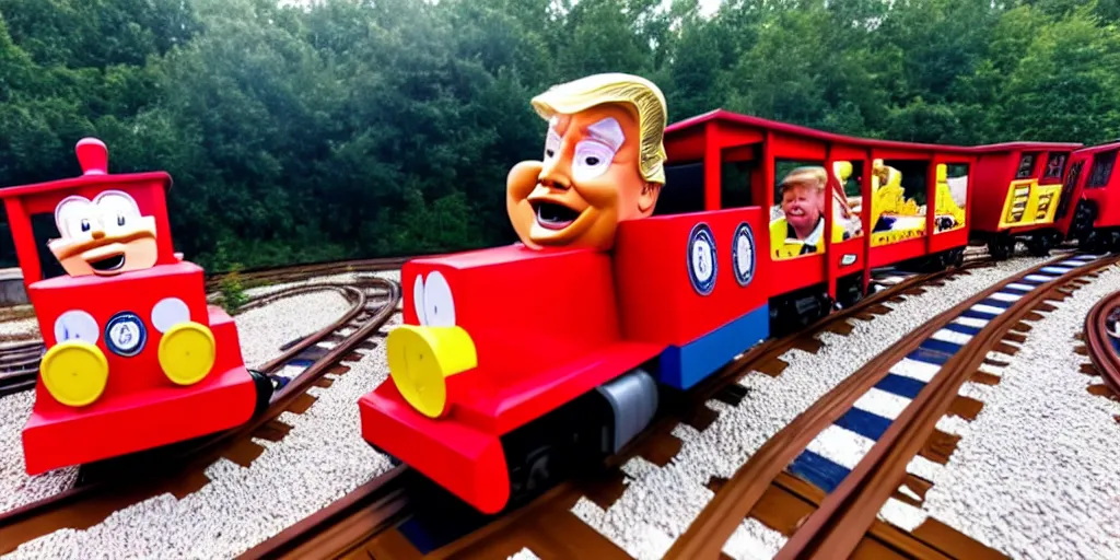 Prompt: Photo of Donald J. Trump crashing a kiddy train into gravel, screaming, taken in Silver Dollar City 2020