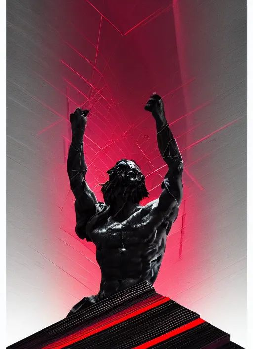 Image similar to dark design poster showing a close up of a heroic greco roman statue, black background with very subtle red and purple design elements, powerful, nekro, vito acconci, thin straight lines, dark, glitch art, neo vaporwave, gritty, layout frame, square, trending on artstation