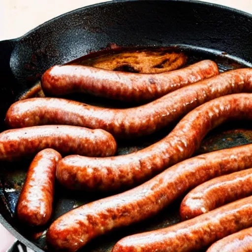 Prompt: dachshund cooking some sausages on a pan