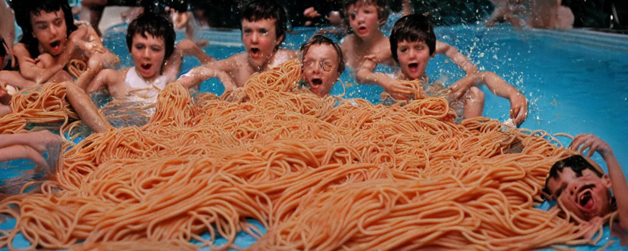 Image similar to 1 9 8 0's kids playing in a pool of spaghetti, detailed, canon 2 0 mm, wes anderson, kodachrome