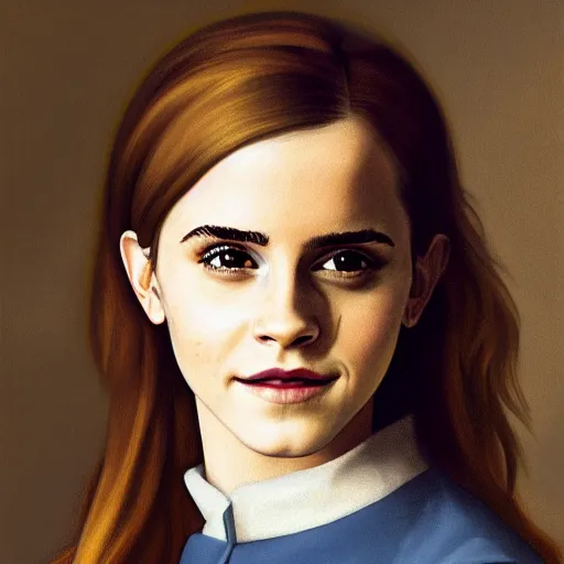 Prompt: Painting of Emma Watson as Hermione Granger. Smiling. Happy. Cheerful. Art by Vermeer. Extreme close up. Extremely detailed. Beautiful. 4K. Award winning.