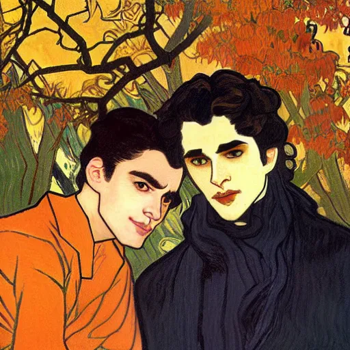 Image similar to painting of young cute handsome beautiful dark medium wavy hair man in his 2 0 s named shadow taehyung and cute handsome beautiful min - jun together at the halloween jack o lantern party, melancholy, autumn colors, elegant, painting, stylized, witchcraft, gorgeous eyes, soft facial features, delicate facial features, art by alphonse mucha, vincent van gogh, egon schiele