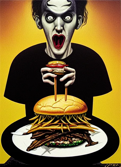 Image similar to hyper detailed 3d render like an Oil painting - Portrait of black metal singer eating a hamburger by Jacek Yerka, Mariusz Lewandowski, Houdini algorithmic generative render, Abstract brush strokes, Masterpiece, Edward Hopper and James Gilleard, Zdzislaw Beksinski, Mark Ryden, Wolfgang Lettl, hints of Yayoi Kasuma, octane render, 8k