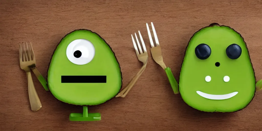 Image similar to cute little smiling avocado robot with cute eyes and forks instead of arms, logo style