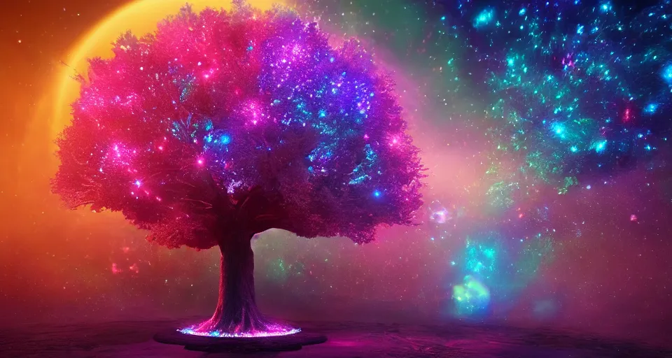 Image similar to cosmic tree of life made of stars, center composition, cinematic, trending on artstation, low level, 4K UHD image, octane render,