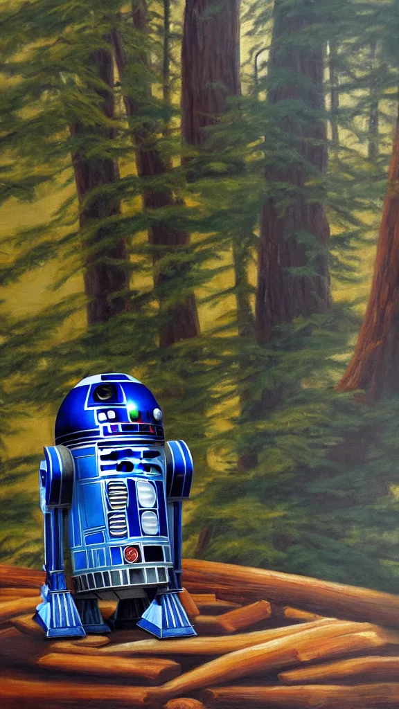 Image similar to an oil painting of r 2 - d 2 sitting by the fire at the ewok encampment, surrounded by trees. color harmony, 8 k detail, gallery quality, hd wallpaper, premium prints available, hyper - detailed, intricate design.