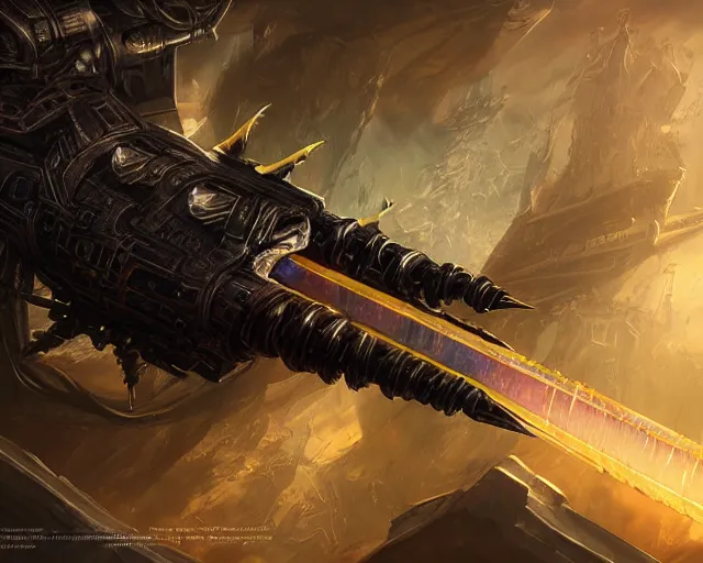 Image similar to legendary glowing sword of cybernetic technology on a table, digital award winning hd matte painting, intimate dark moody, intricate, long sharp black and iridescent blade, ornate spikes, colorful hilt, detailed realistic, raytraced blade, colored gems, golden pommel, in the style of greg rutkowski and krenz cushart, trending on artstation and deviantart