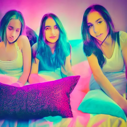 Prompt: teenage girls pillow fight detailed hdr focus stunning visuals neon tones