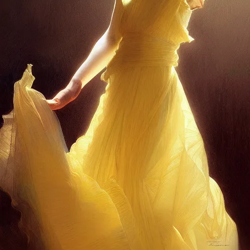 Prompt: a woman in a yellow organza dress dancing, intricate, elegant, realistic, smooth, sharp focus, rim light, illustration, by ruan jia and mandy jurgens and william - adolphe bouguereau, artgerm