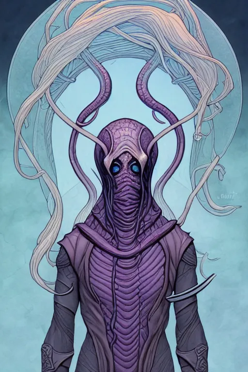 Prompt: comic cover art portrait of an illithid, dnd, high fantasy digital illustration, by jenny frison and sana takeda, intricate details, stunning inking lines, flat colors, 4 k, hd, artstation