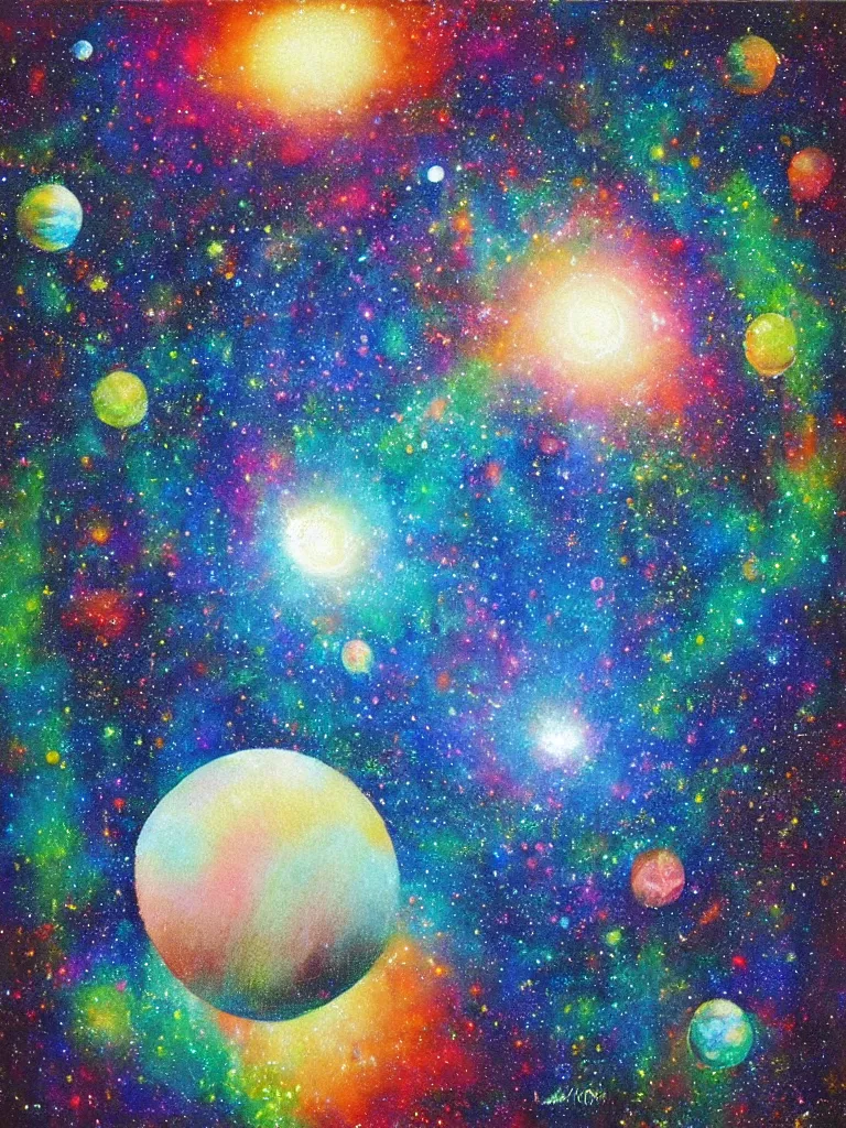 Prompt: “Beautiful landscape painting of disco ball as planets, disco ball in beautiful space dust galaxy, Greg rutkoski style”