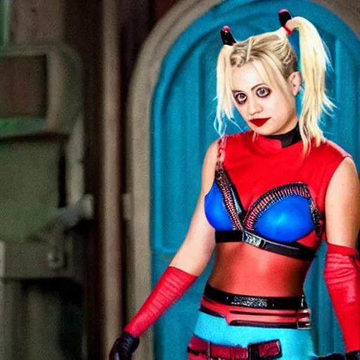 Image similar to A still of Kaley Cuoco as Harley Quinn