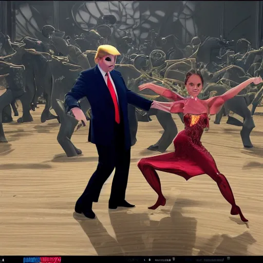 Prompt: Donald Trump and Vladimir Putin dancing to hip hop music by H.P. Lovecraft and abaddon and magali villeneuve and ghibli and moebius and Alphonse Mucha and Takashi Murakami, 8k, epic scene, scifi, unreal engine, trending on cg station. masterpiece.