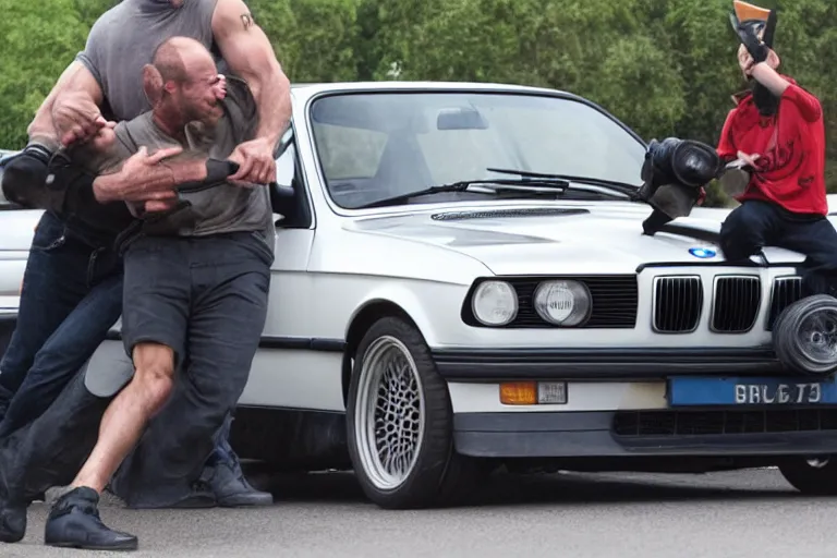 Image similar to Angry Jason Statham lifts BMW e30 in his arms,