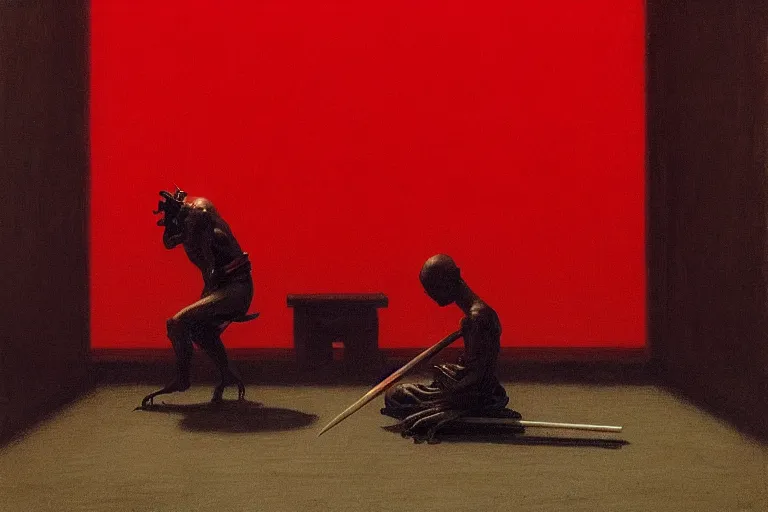 Image similar to only with red, a red samurai do seppuku, tokio, a lot of frogs watch, in the style of beksinski, parts by edward hopper, parts by rodcenko, parts by yue minjun, intricate and epic composition, red by caravaggio, insanely quality, highly detailed, masterpiece, red light, artstation, 4 k