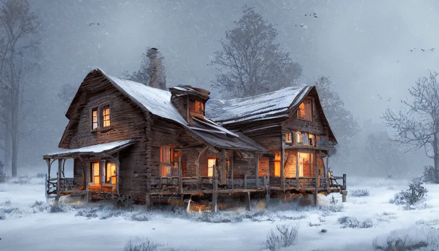 Image similar to old wooden house built in snowy forest with smoking chimney, evening, wood storage, hyperdetailed, artstation, cgsociety, 8 k