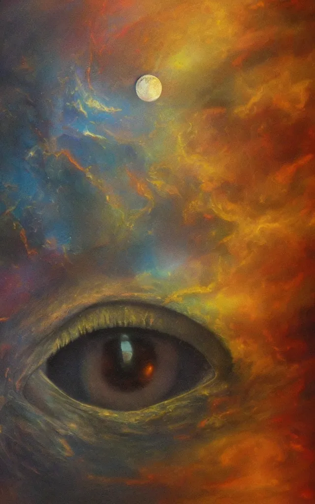 Image similar to iridescent spirit of wrath and fear cruel beautiful spirit with golden eye lunar mythos ambient fog, award winning oil painting, lunar color palette