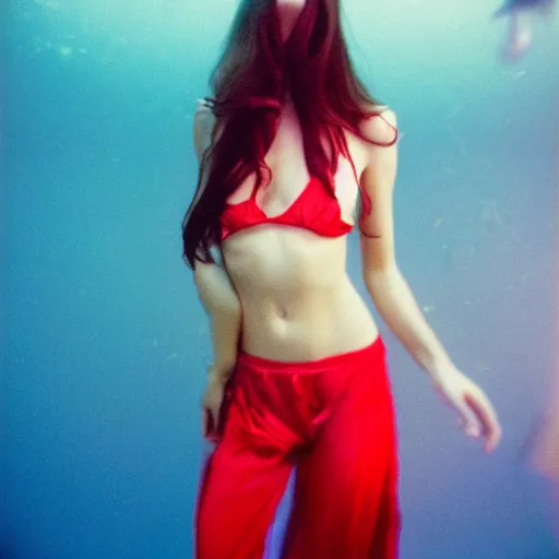 Image similar to beautiful portrait of sensual fashion model in red silk underwater, 35mm film