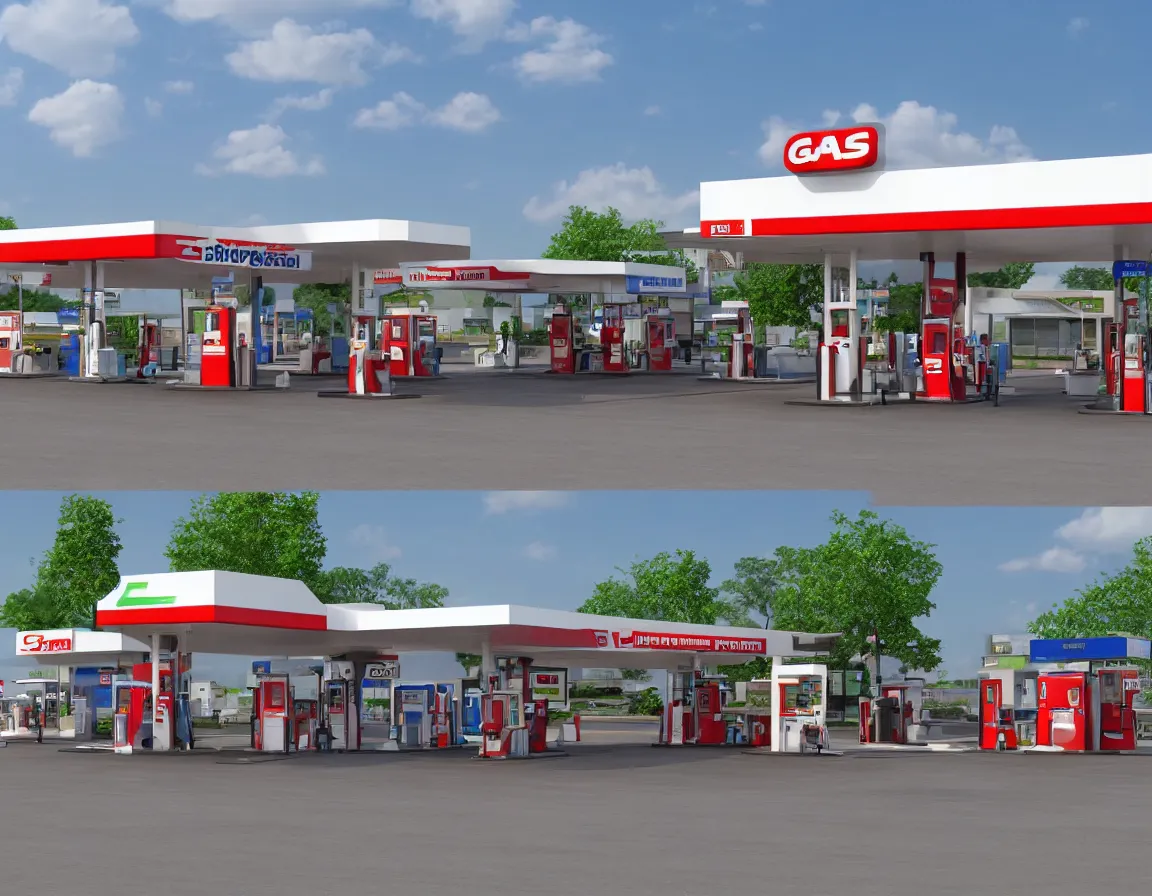 Image similar to hyper realistic 3 d rendering of gas station isolated on white background, hd, hdr, ultra detailed, high resolution