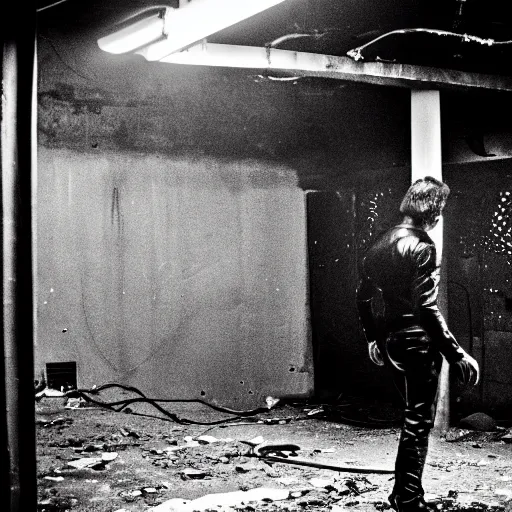 Image similar to a man in black in leather, watching a black hole forming in the grimy grungy basement of an abandoned apartment block, wires, cables, grainy black and white photography